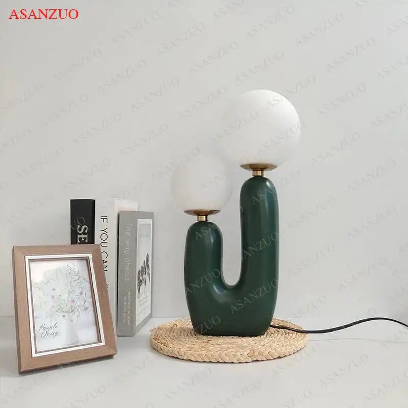 Green ceramic double frosted glass table lamp for bedroom