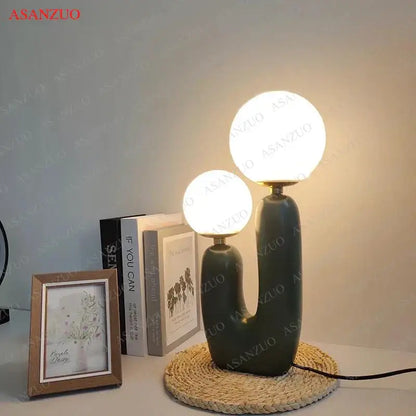 Green ceramic double frosted glass table lamp for bedroom