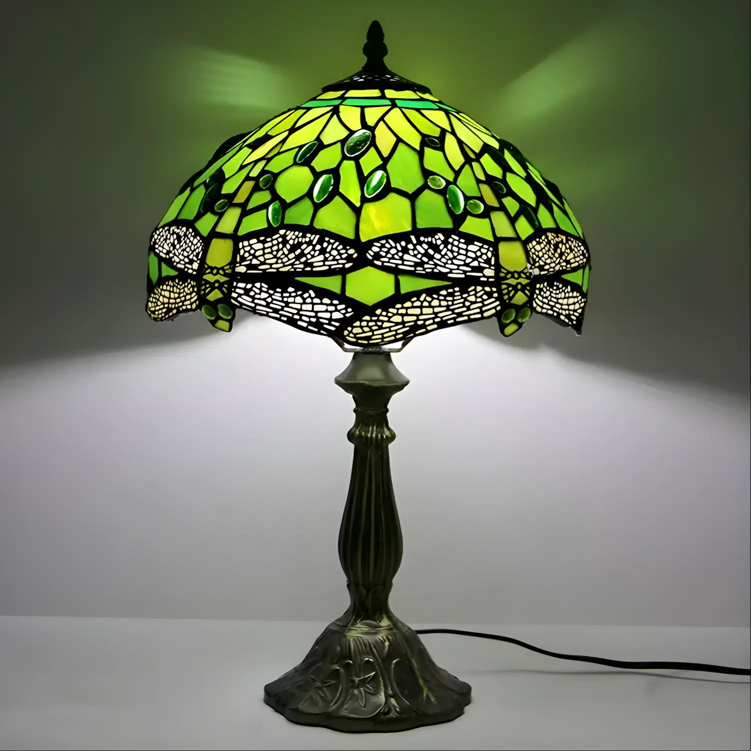 Green Tiffany-Inspired Lamp with Dragonfly