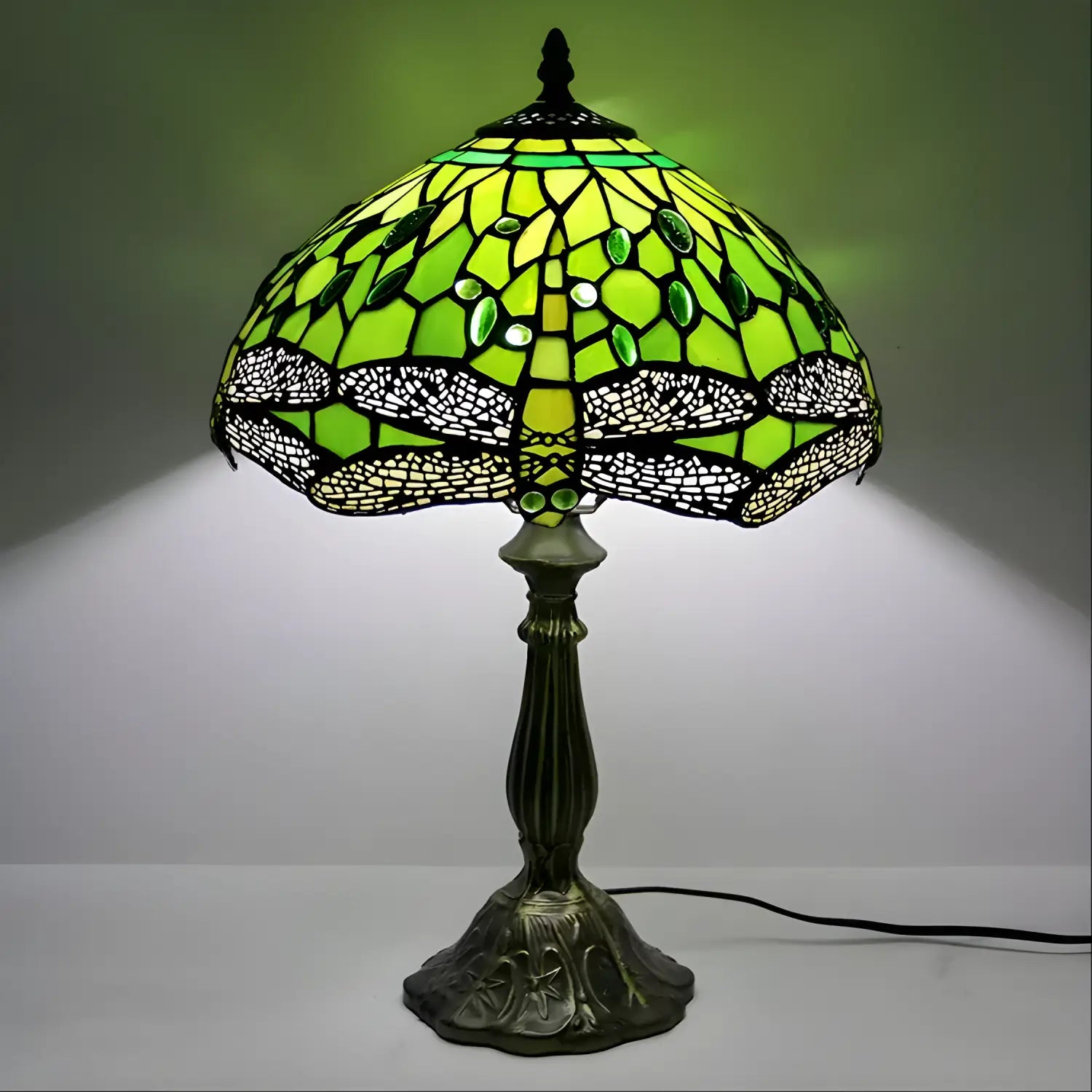 Green Tiffany-Inspired Lamp with Dragonfly