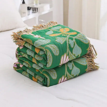Green floral cotton tassel sofa blanket living room leisure throw