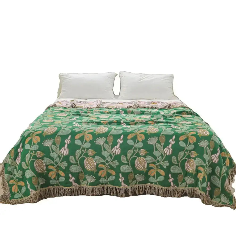Green floral cotton tassel sofa blanket living room leisure throw