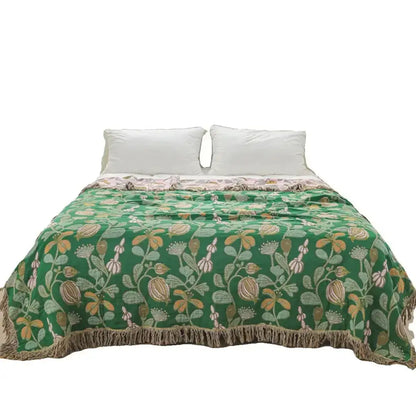 Green floral cotton tassel sofa blanket living room leisure throw