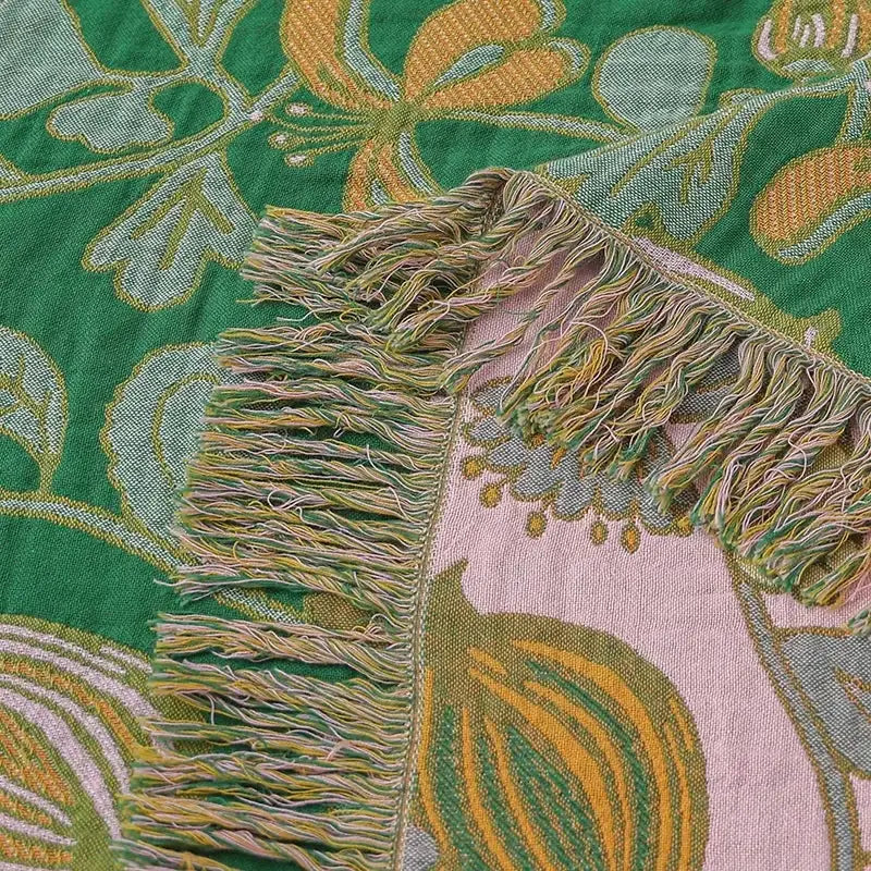 Green floral cotton tassel sofa blanket living room leisure throw