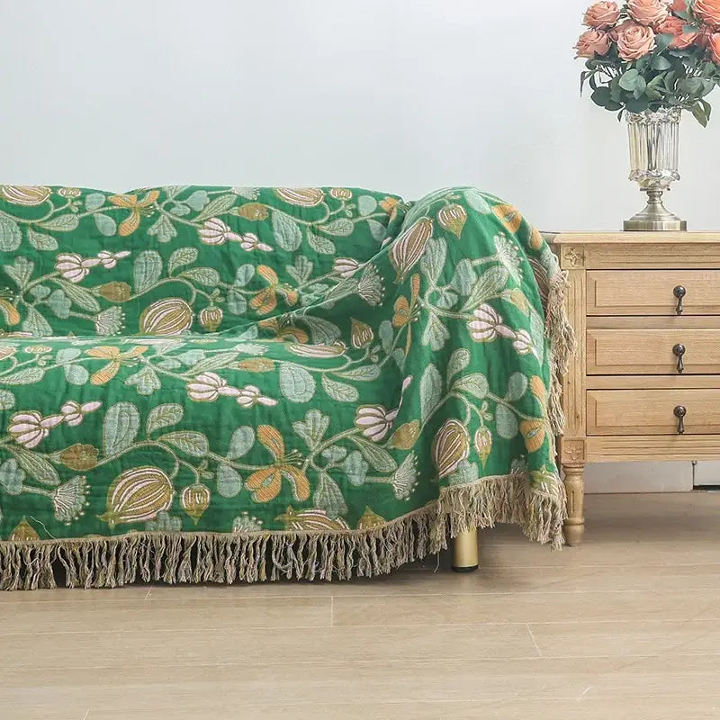 Green floral cotton tassel sofa blanket living room leisure throw