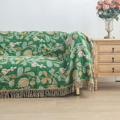 Green floral cotton tassel sofa blanket living room leisure throw