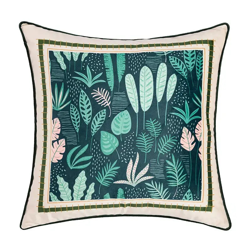 Green leaves moss printed velvet cushion cover living room decor