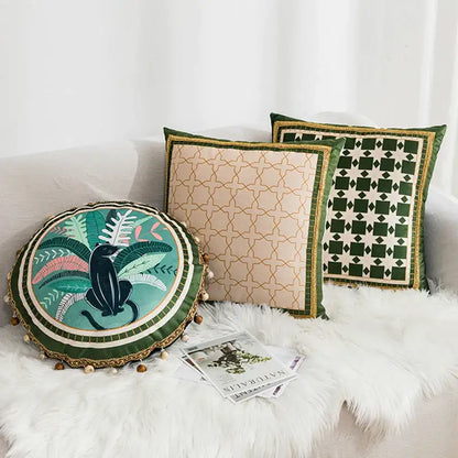 Green leaves moss printed velvet cushion cover living room decor