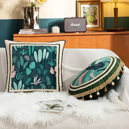 Green leaves moss printed velvet cushion cover living room decor