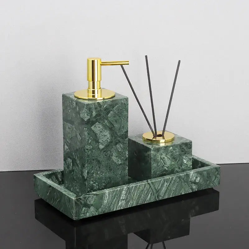 Green marble bathroom set with gold accents bathroom accessories