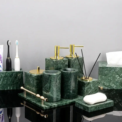 Green marble bathroom set with gold accents bathroom accessories