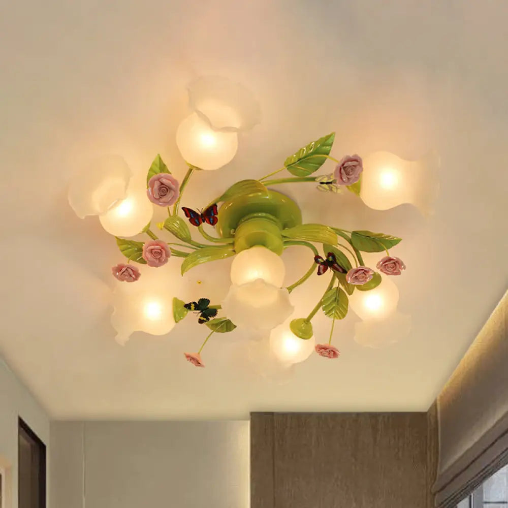 DecorBites™ Green Opaque Glass Spiral Bedroom Ceiling Light Fixture - Semi-Flush Mount (4/7 Bulbs) - Traditional Design
