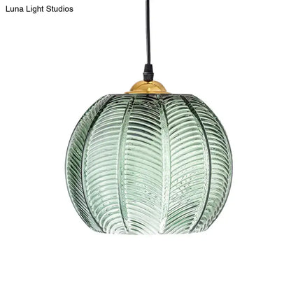 Green ribbed glass pumpkin pendant lamp dining room gold fixture