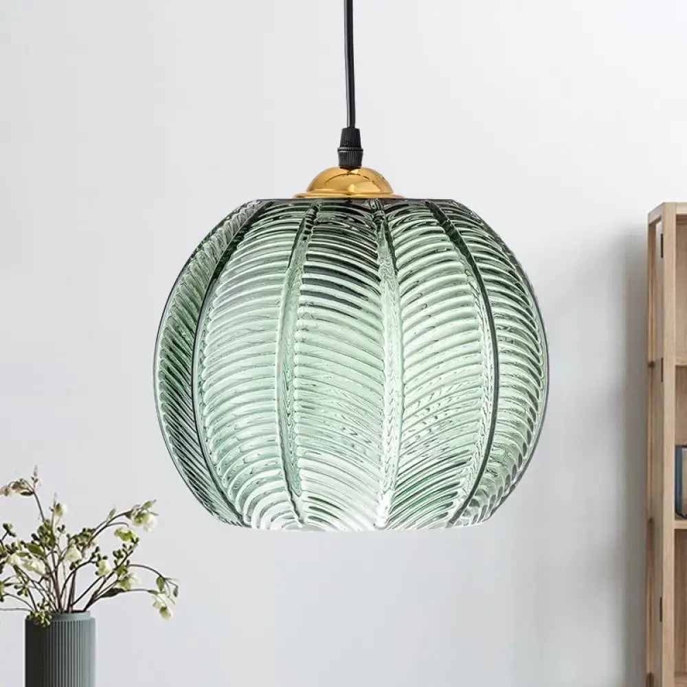Green ribbed glass pumpkin pendant lamp dining room gold fixture