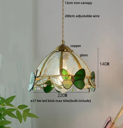 Green stained glass butterfly pendant light bedroom brass accents