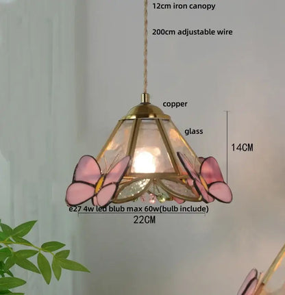 Green stained glass butterfly pendant light bedroom brass accents