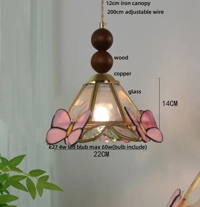 Green stained glass butterfly pendant light bedroom brass accents