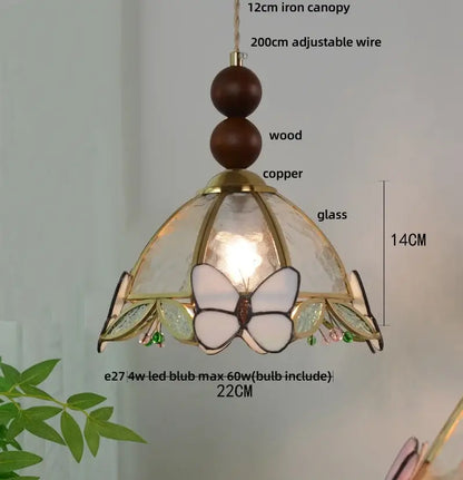 Green stained glass butterfly pendant light bedroom brass accents