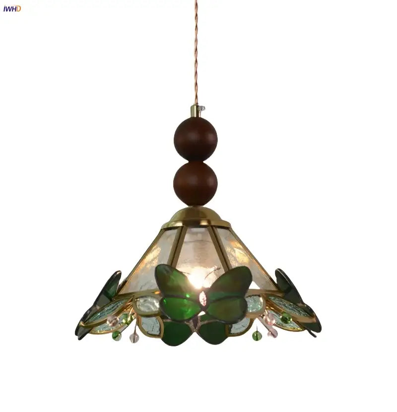 Green stained glass butterfly pendant light bedroom brass accents