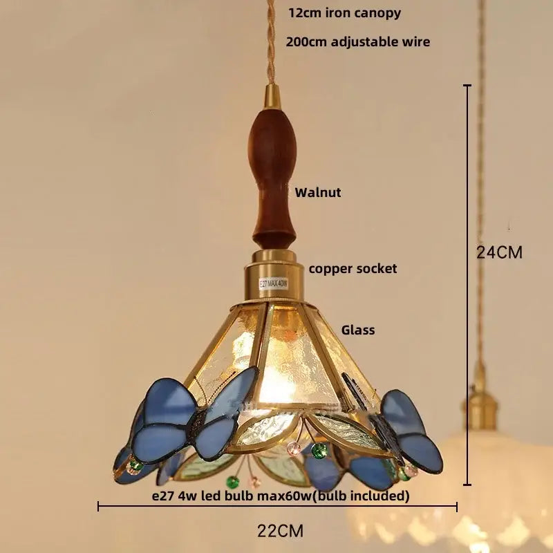 Green stained glass butterfly pendant light bedroom brass accents