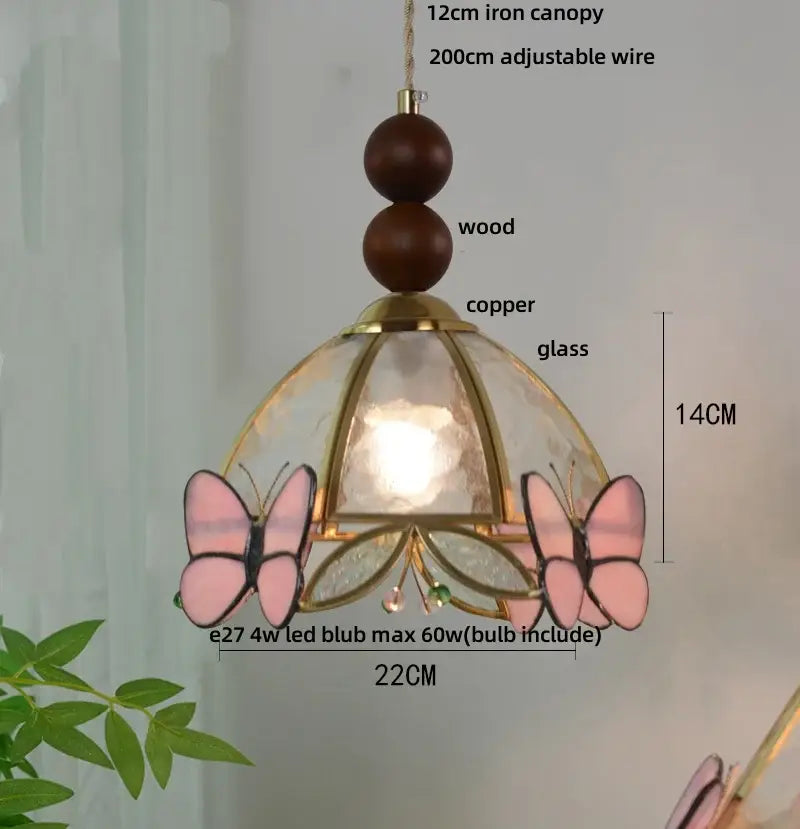 Green stained glass butterfly pendant light bedroom brass accents