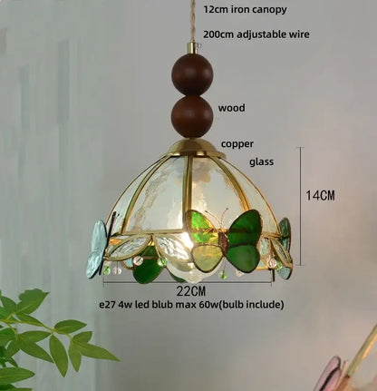 Green stained glass butterfly pendant light bedroom brass accents
