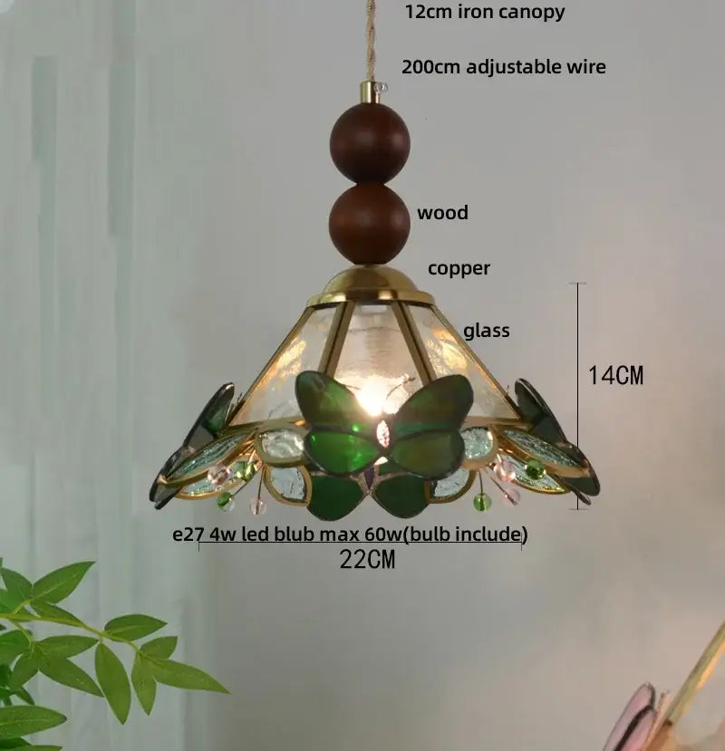 Green stained glass butterfly pendant light bedroom brass accents