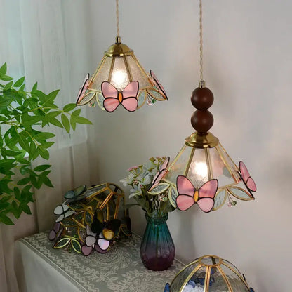 Green stained glass butterfly pendant light bedroom brass accents
