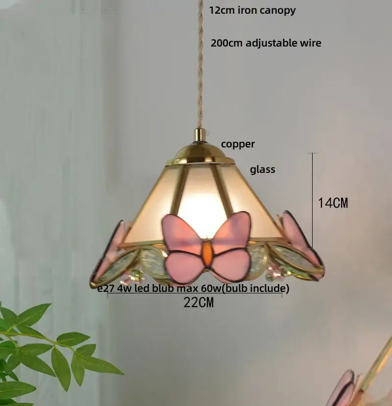 Green stained glass butterfly pendant light bedroom brass accents