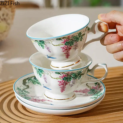 Green vine flower porcelain cup and saucer dining room tea set