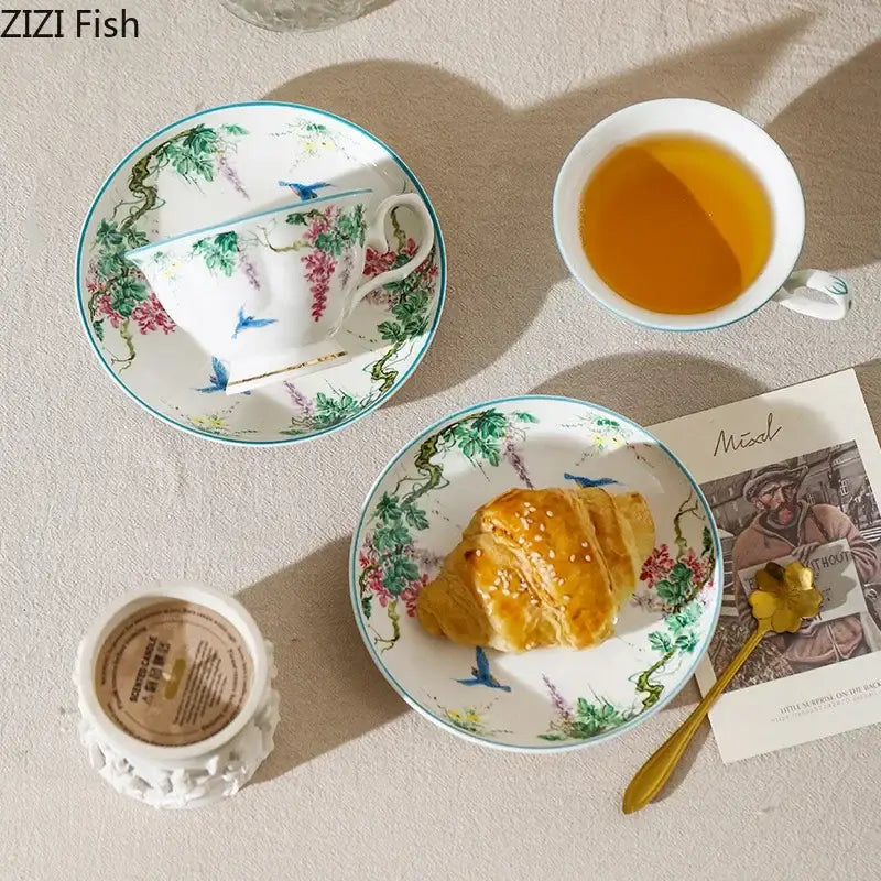 Green willow porcelain tea cup and saucer set dining room tableware