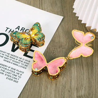 Green & yellow butterfly enamel gem jewelry box bedroom organizer