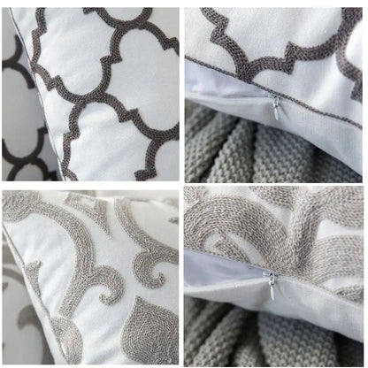 Grey geometric embroidered cushion cover living room grey & white