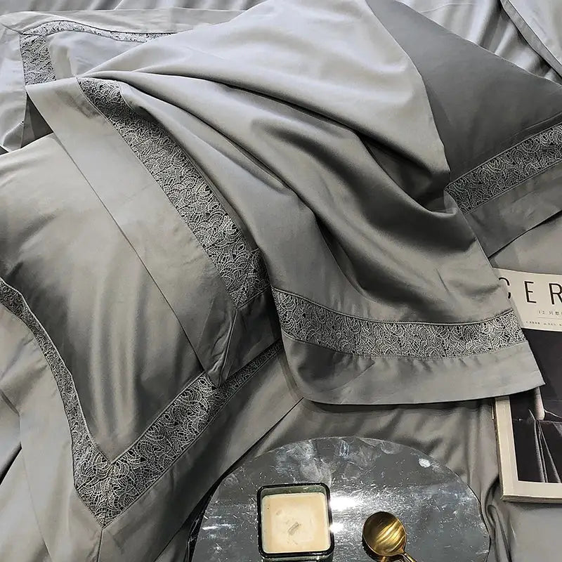 Grey hollow lace egyptian cotton bedding set bedroom decor