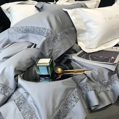 Grey hollow lace egyptian cotton bedding set bedroom decor