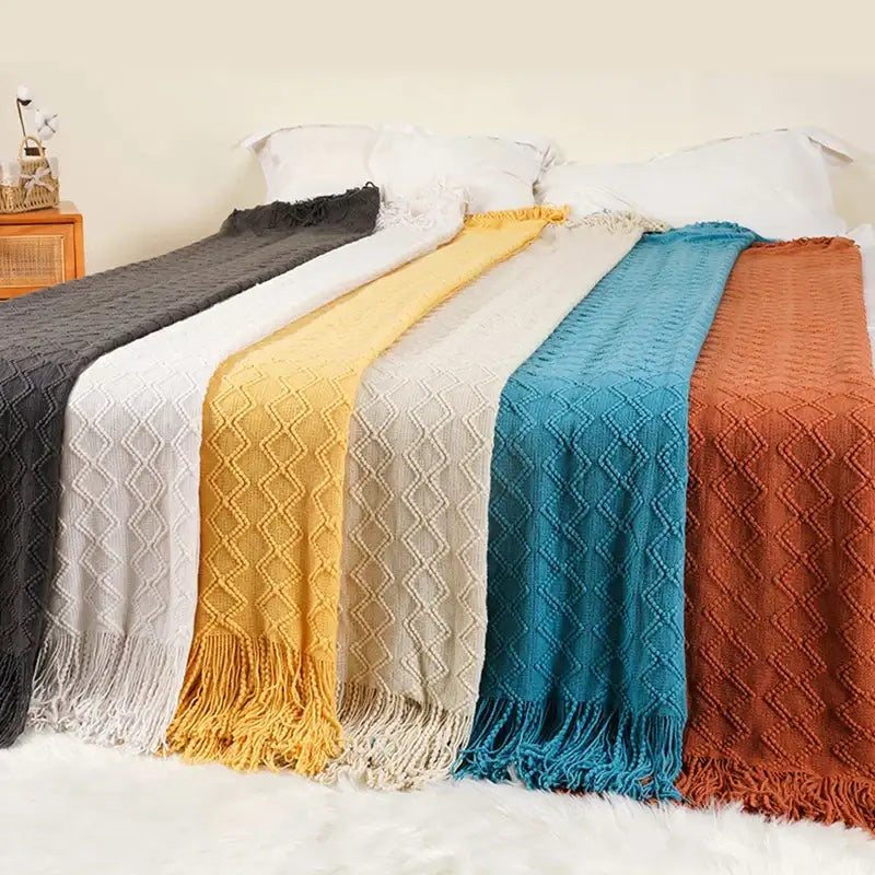 Grey nordic waffle knit blanket bedroom textured throw