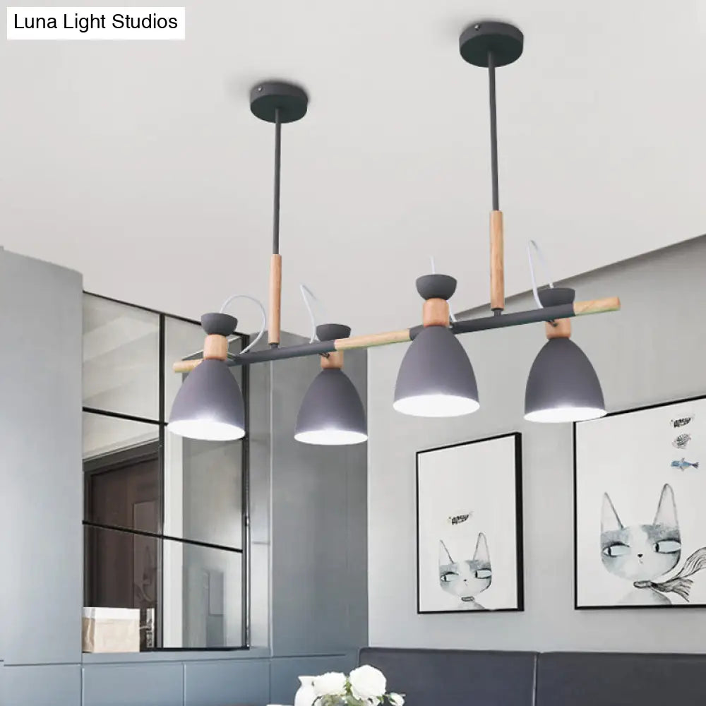 DecorBites™ Grey/White/Green Bell Island Lamp - Nordic 4-Light Iron Pendant with Rotatable Design and Wood Decoration