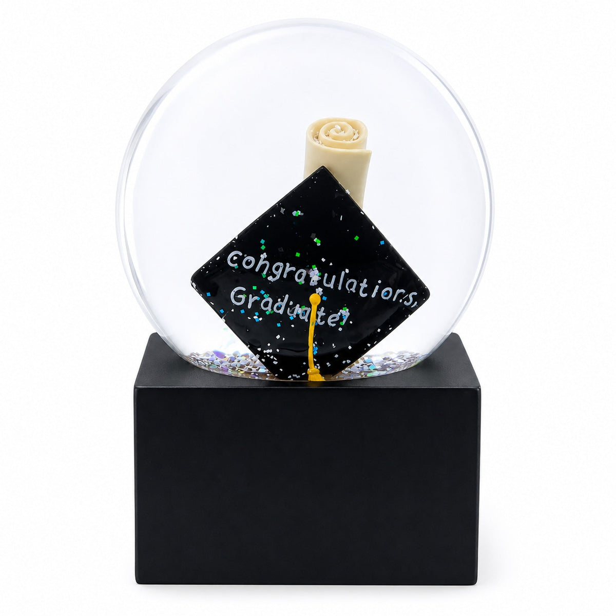 Graduation Hat & Diploma Glass Water Snow Globe