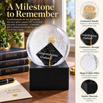Graduation Hat & Diploma Glass Water Snow Globe