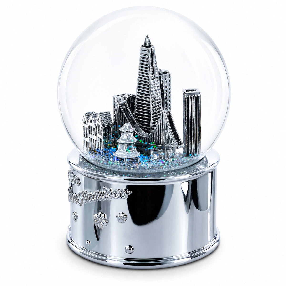 San Francisco Landmarks with Silver Base Glass Water Snow Globe