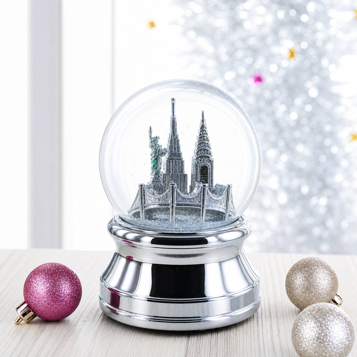 New York City Skyline with Silver Base Water Snow Globe