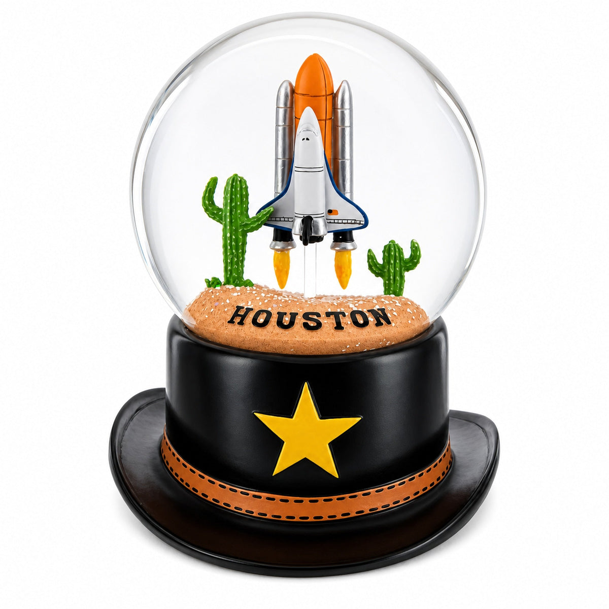 Houston Space Shuttle with Cowboy Hat Base Glass Water Snow Globe