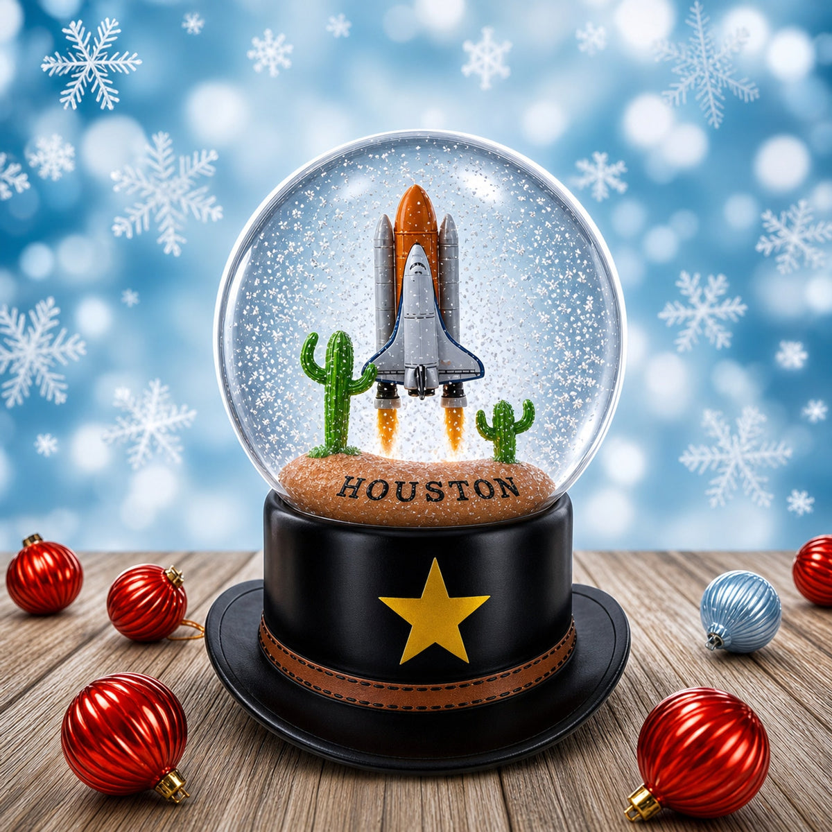 Houston Space Shuttle with Cowboy Hat Base Glass Water Snow Globe