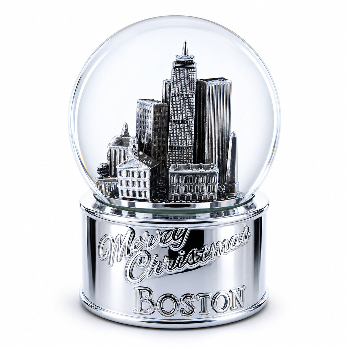 Boston Cityscape Silver Base Glass Water Snow Globe