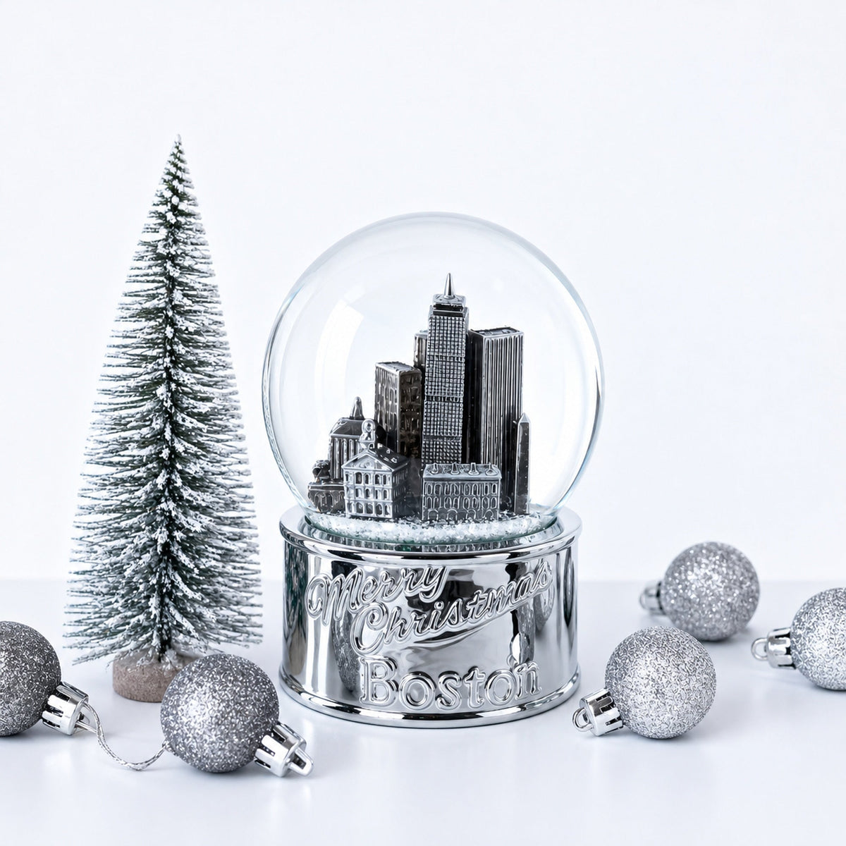 Boston Cityscape Silver Base Glass Water Snow Globe