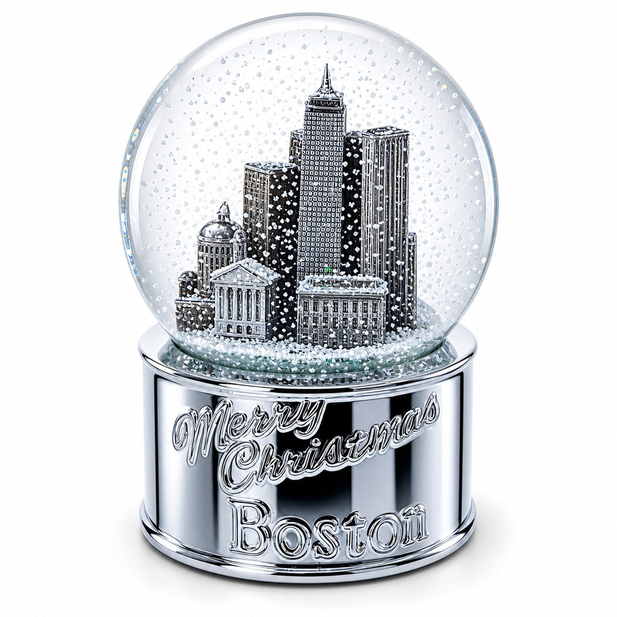 Boston Cityscape Silver Base Glass Water Snow Globe
