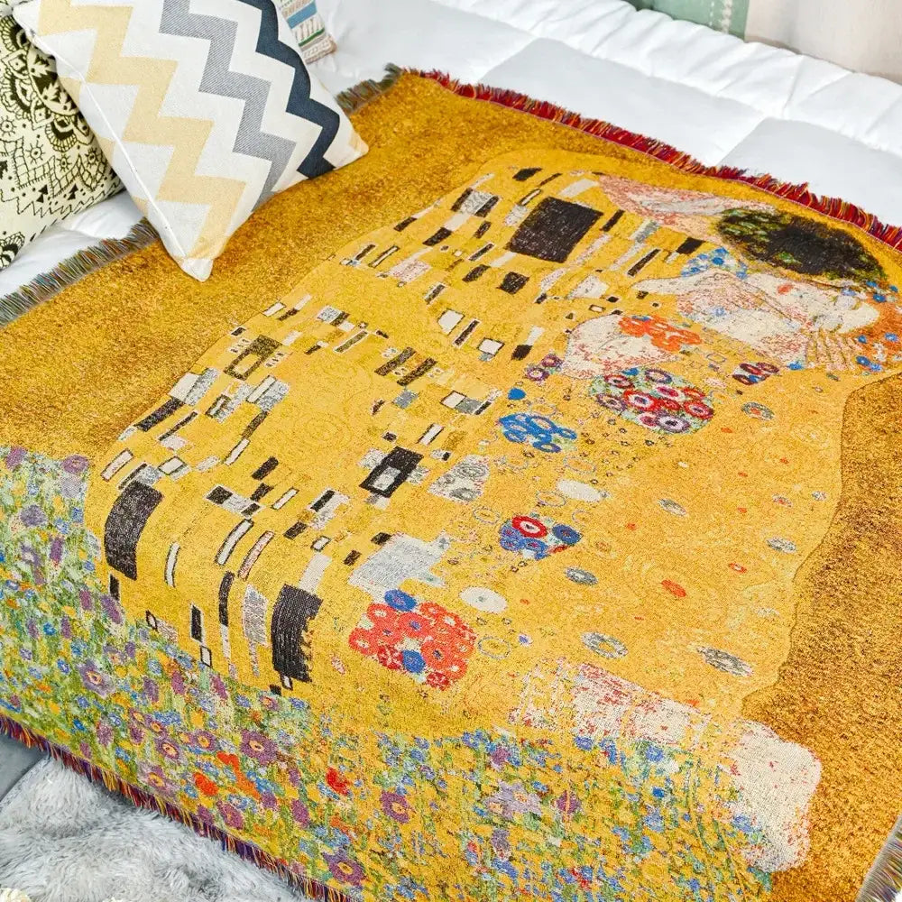 Gustav klimt the kiss yellow jacquard tapestry decorative throw bedroom