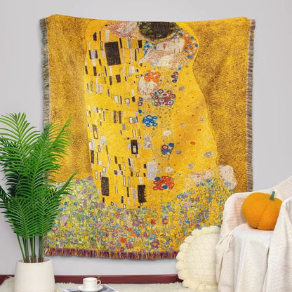 Gustav klimt the kiss yellow jacquard tapestry decorative throw bedroom