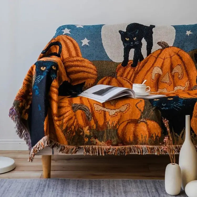 Halloween pumpkin and cat tassel throw blanket bedroom decor