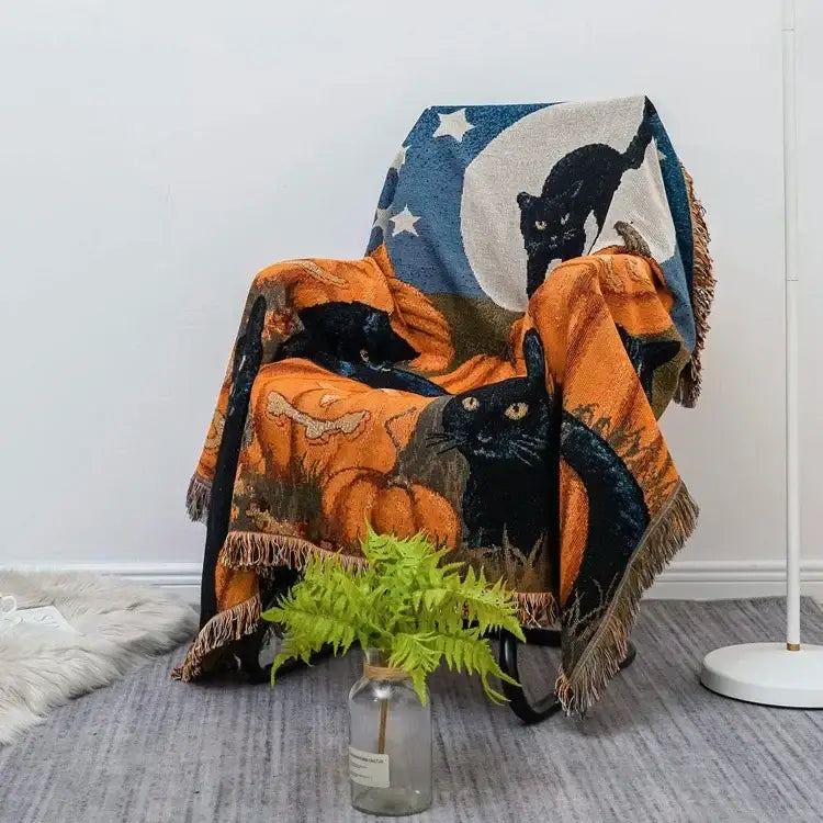 Halloween pumpkin and cat tassel throw blanket bedroom decor